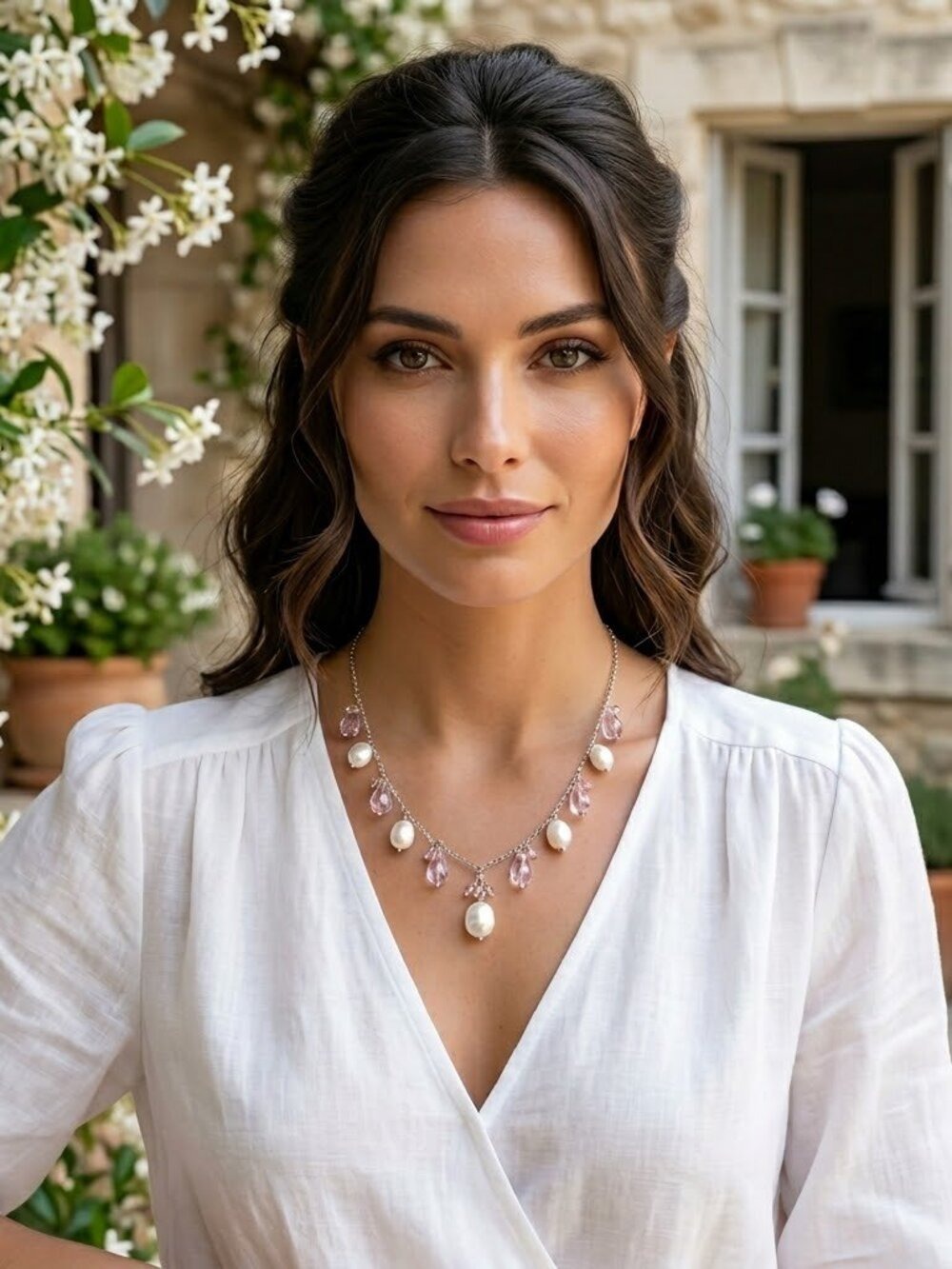 White Freshwater Pearl Pink Crystal Droplet Necklace 🆕